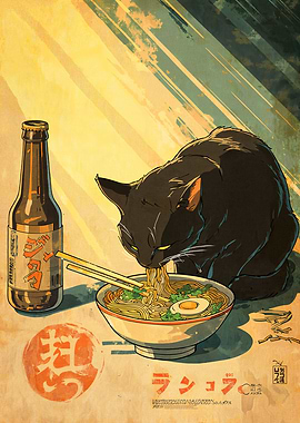 Cat eating ramen with beer