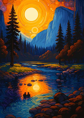 Vibrant Mountain River Landscape Painting