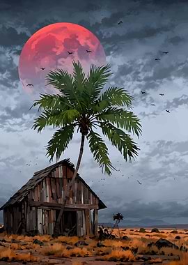 Tropical Hut Under a Blood Moon