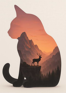 Cat Silhouette Landscape with Deer