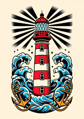 Lighthouse with Waves and Anchors