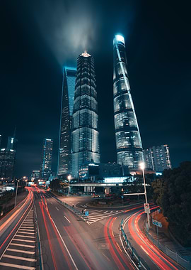 Shanghai Skyline at Night with Light Trails