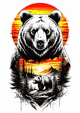 Bear Landscape Sunset Illustration
