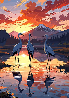 Cranes in Water at Sunset