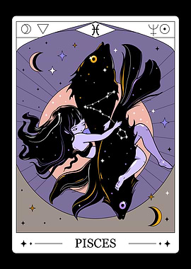 Pisces Zodiac sign. Tarot Card Art Poster