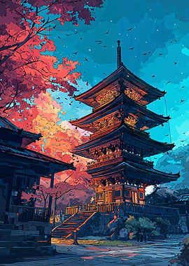 Japanese Pagoda with Autumn Foliage