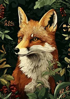 Fox Portrait in Floral Setting