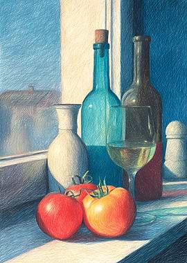 Still Life In Blue White And Red