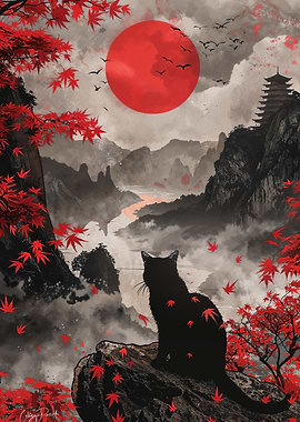 Black Cat and Red Moon Landscape