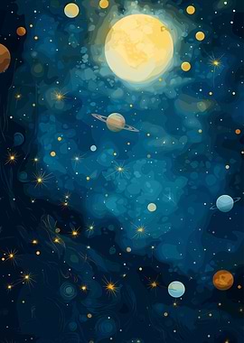 Watercolor Space with Planets and Stars