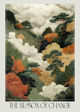 Japandi Fall Forest printable Wall Art maximalist Autumn Decor Art Nouveau Japanese Poster sage green vintage Poster extra large Wall Art