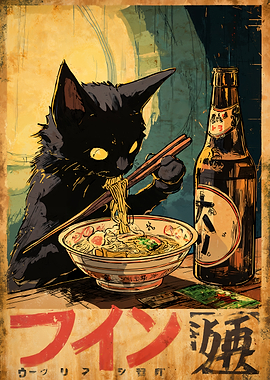 Cat eating ramen with beer