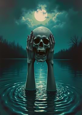 Lake Ghost Lifting Skull Under Moonlight