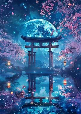 Japanese Torii Gate with Moon