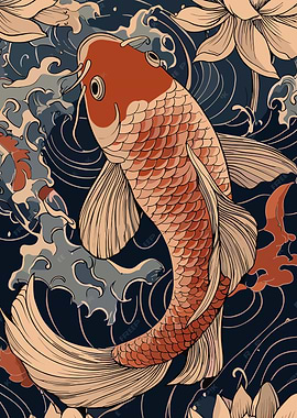 Koi Fish Illustration with Waves and Lotus