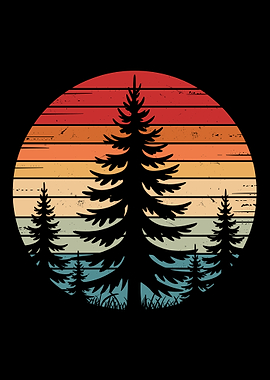 Retro vintage sunset distressed forest Pine Trees silhouettes - wildlife
