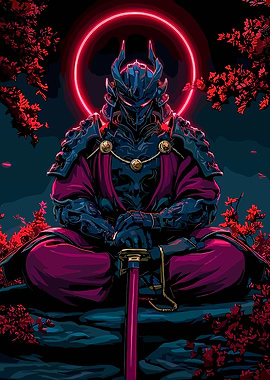 Meditating Samurai with Neon Halo