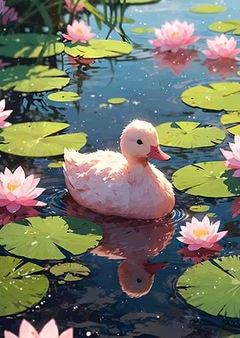 Duckling in a Lily Pond