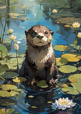 Otter in Lily Pond Digital Art