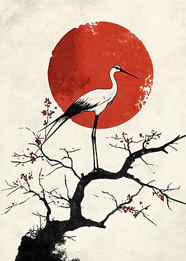 Crane and Rising Sun Art Print