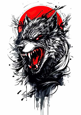 Angry Wolf Head with Red Accents