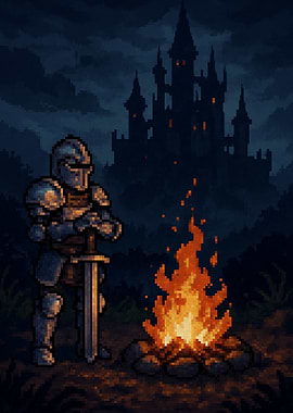 Pixel Art - Knight by Campfire