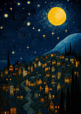 Night Village Under Starry Sky Painting