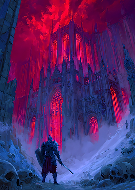 Knight Facing Dark Gothic Cathedral