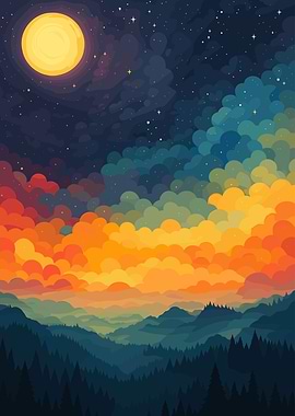 Colorful Night Landscape with Moon
