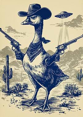 Cowboy Duck with Guns and UFO