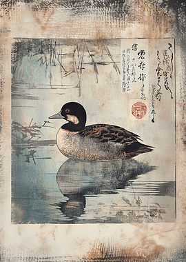 Japanese Woodblock Print of a Duck