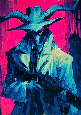 Horned Figure with Rifle in Cityscape