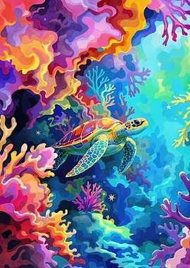 Colorful Sea Turtle in Coral Reef
