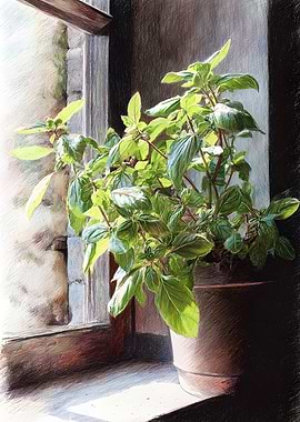 Potted Basil By Window