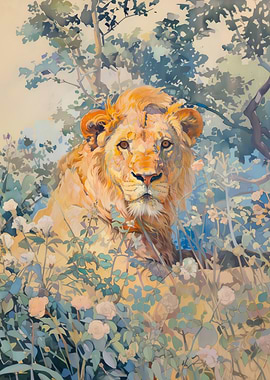 Lion in Floral Watercolor Painting