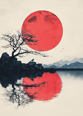 Red Sun Landscape with Bird