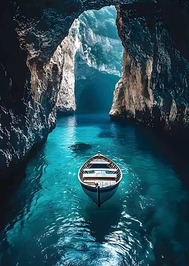 Boat in Cave with Turquoise Water