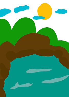 Cartoon Landscape with Lake and Hills