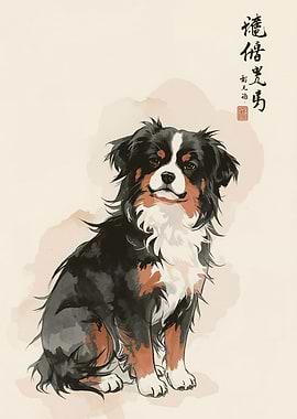 Dog in Asian Ink Painting Style