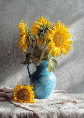 Yellow Sunflowers In Blue Vase