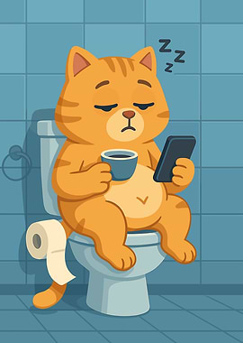 Sleepy Cat on Toilet with Coffee