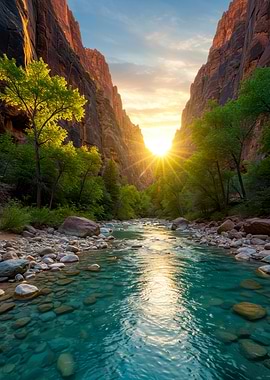 Zion National Park River at Sunset