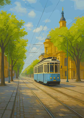Blue Tram in Cityscape Painting