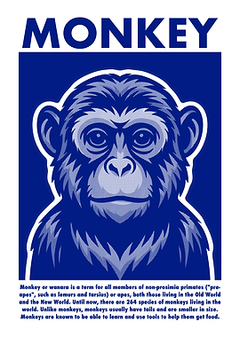 Monkey Portrait in Blue and White
