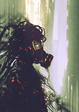 Cyberpunk Gas Mask Figure in Cityscape