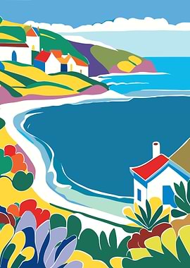 Colorful Coastal Village Illustration