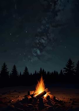 Campfire under starry night sky
