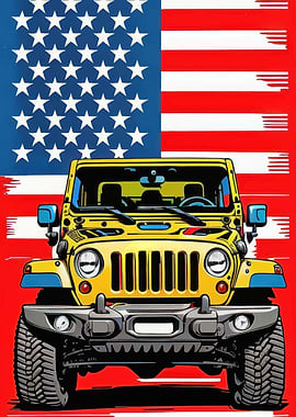 Yellow Jeep with American Flag Backdrop