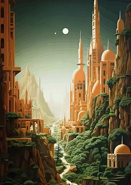 Fantasy Cityscape with Towers and Mountains