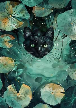 Black Cat in Lily Pond